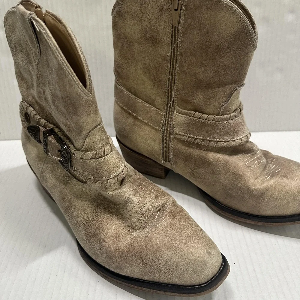 Roper Western Boots Womens 10 Beige Ankle Zip Buckle Pointed Toe Low Heel